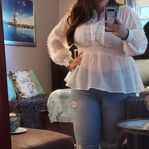 White See-through & Lace Long Sleeve Peplum Blouse